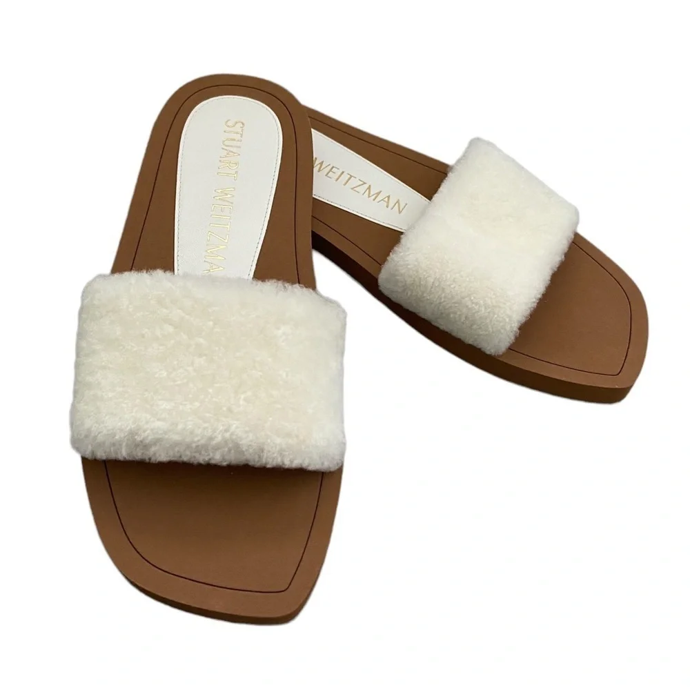 NWT Stuart Weitzman Cammy Shearling Slides White Size 6.5B US 37 EUR
